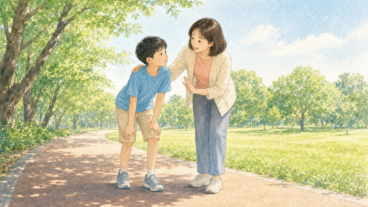 痛いのを我慢して走ろうとする子どもに、親が声をかけて一度立ち止まらせている様子（イラスト）