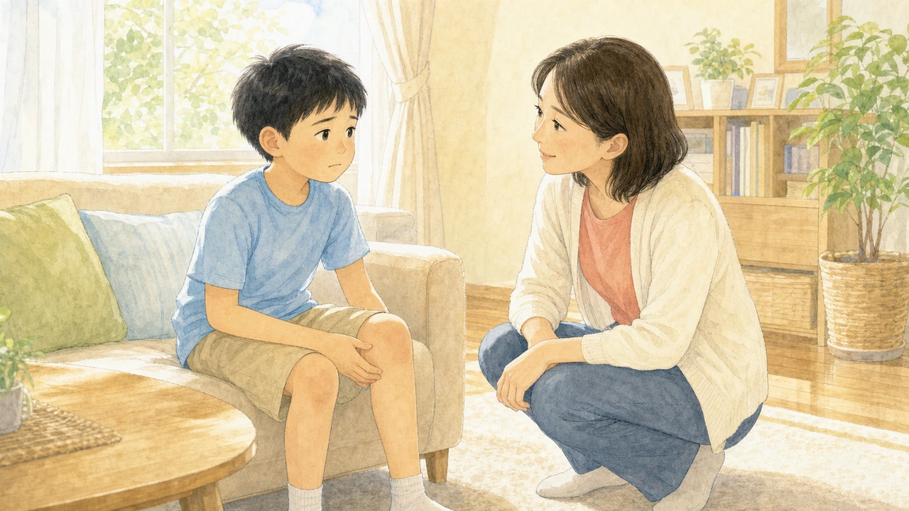 ひざの下を押さえて痛がる子どもに、親がしゃがんで寄り添っている様子（イラスト）