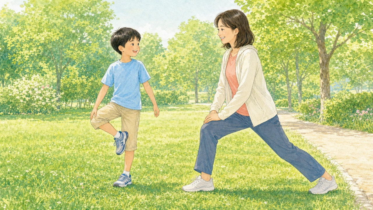 親子で並んで、練習前のストレッチと足首回しをしている様子（イラスト）