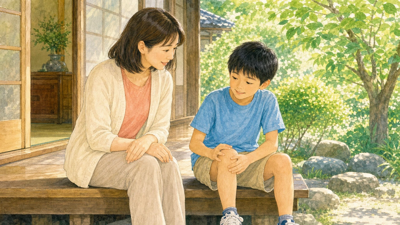 成長期の子どもの脚を、親子で一緒にのぞき込みながら話している様子（イラスト）
