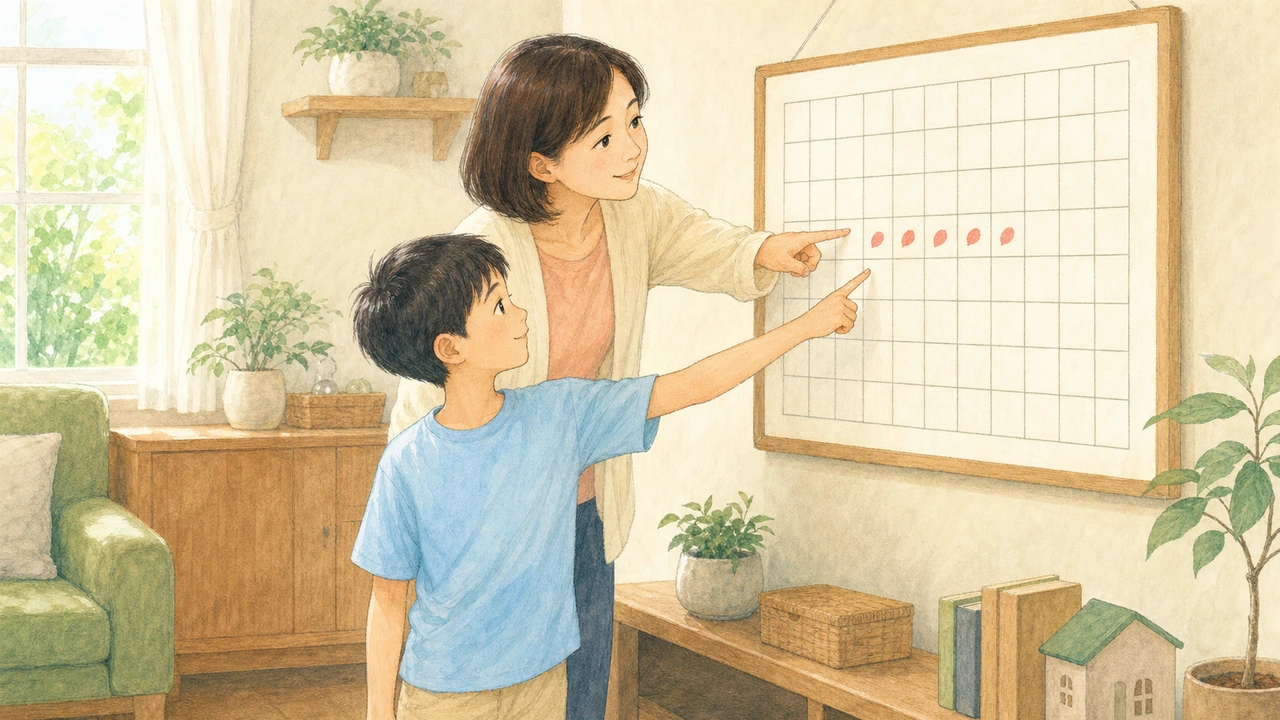 カレンダーを見ながら、痛みが続いている日数を親子で確認している様子（イラスト）