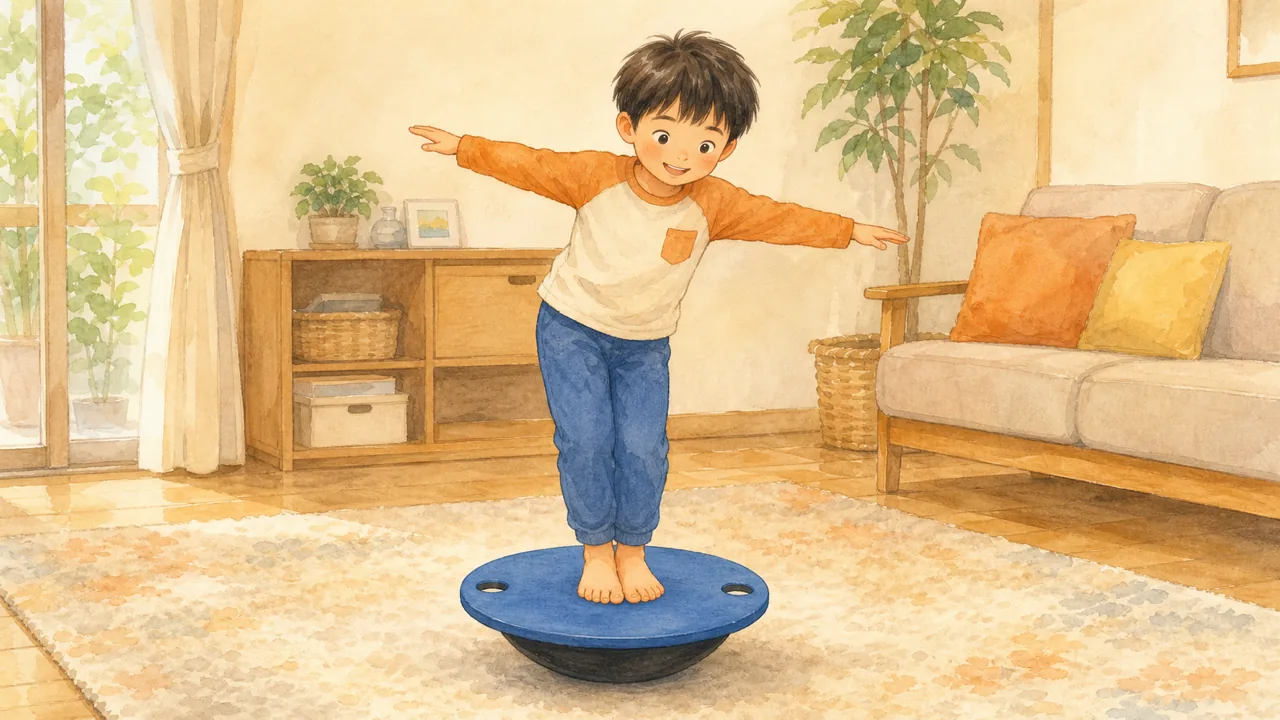 リビングのラグの上に置いたバランスボードに立ち、両手を広げてバランスを取る子の様子（イラスト）