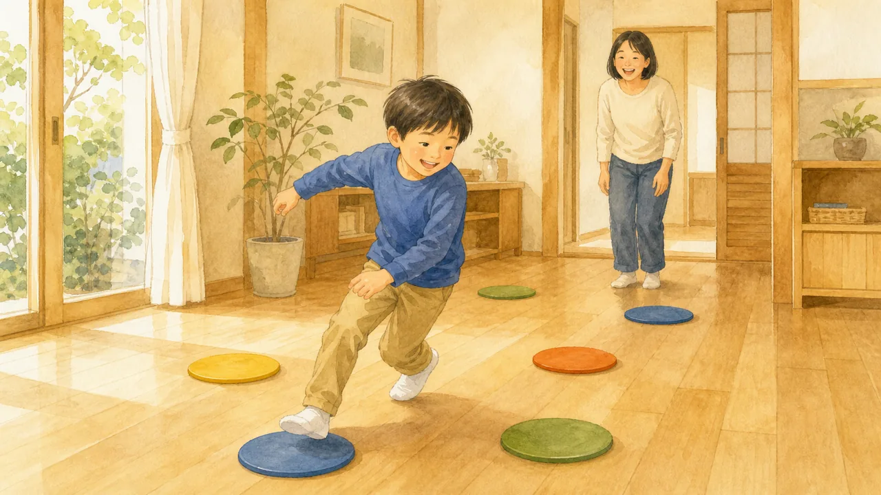 部屋に置いた平たい目印のあいだをジグザグに進む子と、笑って見ている保護者の様子（イラスト）