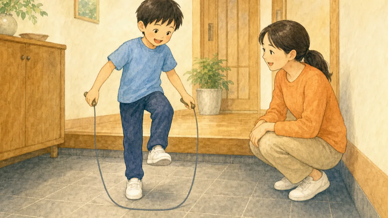 玄関先で、なわとびを跳ぶ子と、しゃがんで見守る保護者の様子（イラスト）