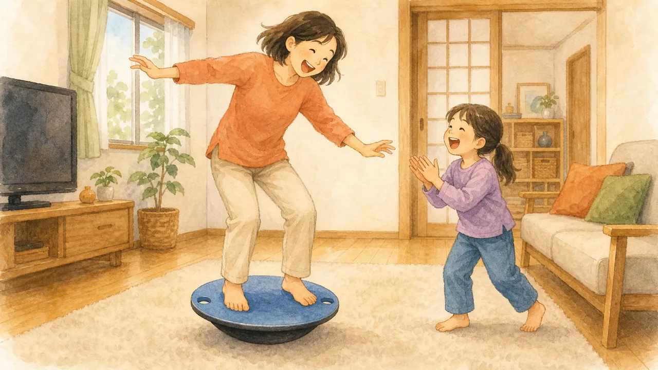 保護者が先にバランスボードの上でよろけて笑い、子どもがおもしろがって見ている様子（イラスト）