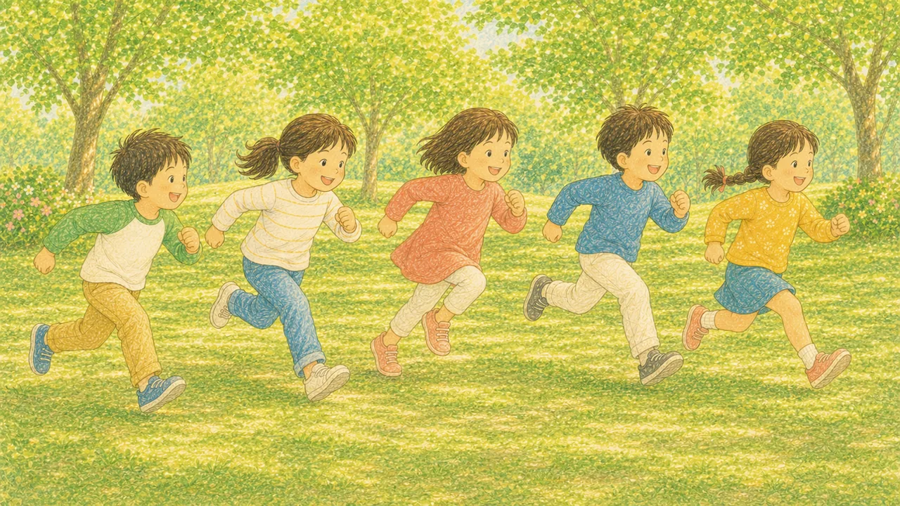 公園で子どもたちが横並びで元気にかけっこをする様子（イラスト）