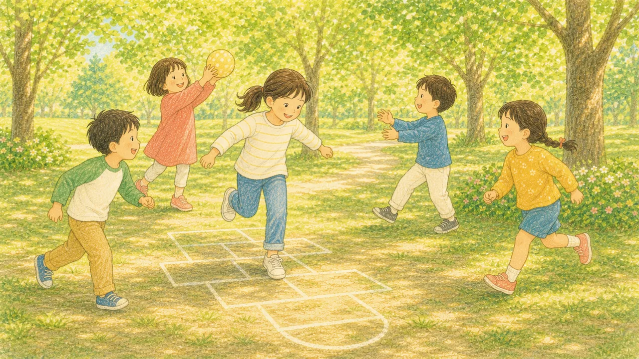 公園でケンケンやボール遊びなど、いろいろな動きを楽しむ子どもたち（イラスト）