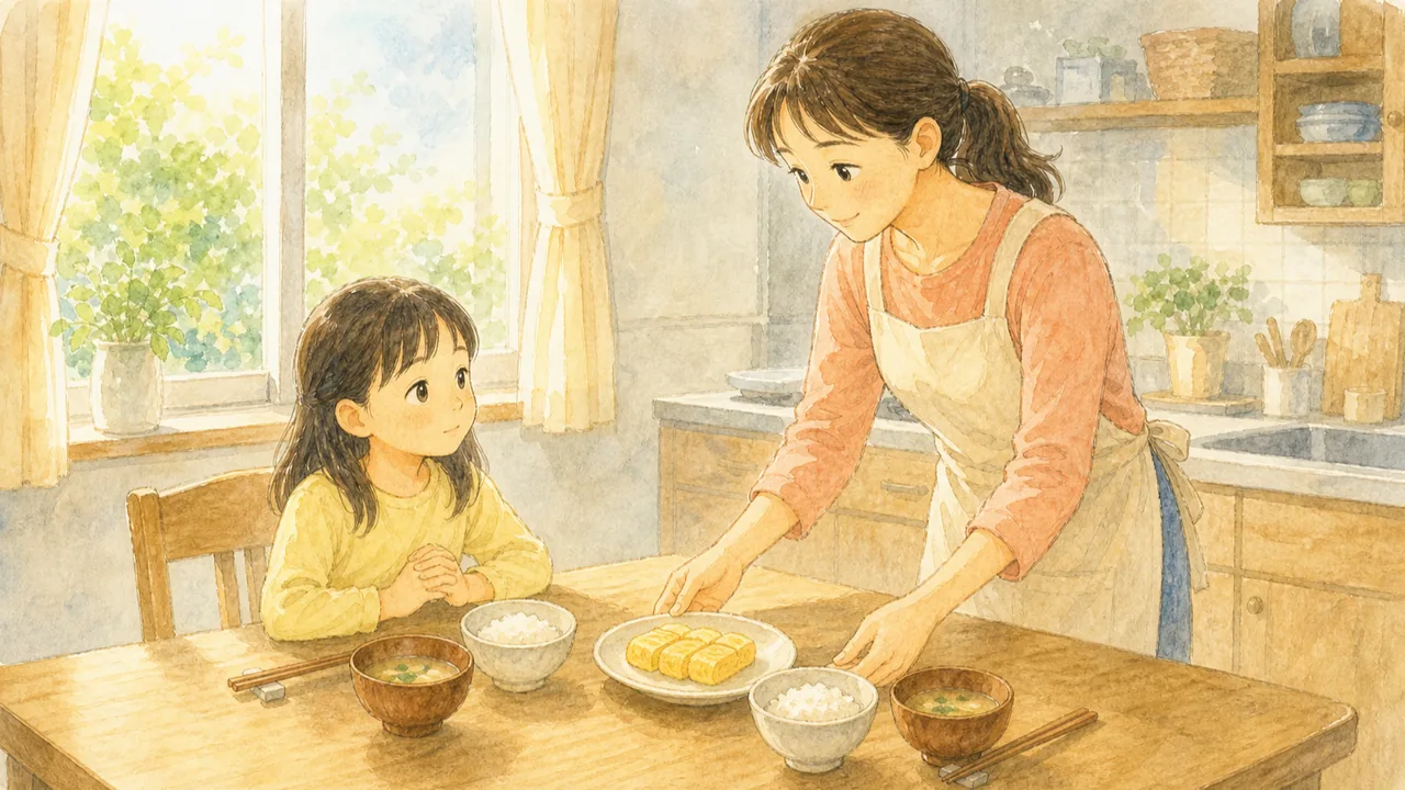 朝の食卓に、いつもどおりのごはんと味噌汁を並べる母親と、席についた女の子(イラスト)