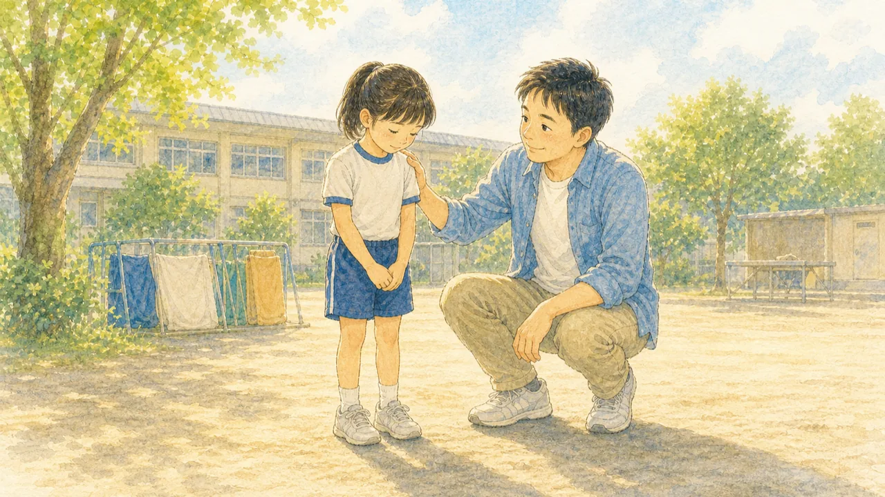 運動会のあとの校庭で、うつむいた女の子の肩にそっと手を置いてしゃがむ父親(イラスト)