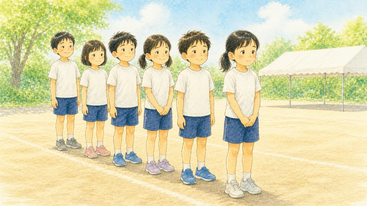 運動会で自分の番を待って一列に並ぶ子どもたちと、少し不安そうに前を見ている女の子(イラスト)