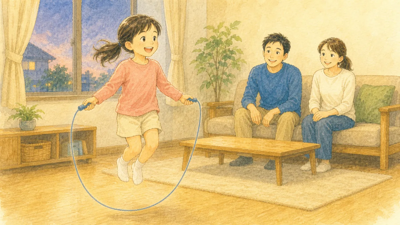 リビングでなわとびを跳ぶ女の子と、ソファに座ってにこやかに見守る父親と母親(イラスト)