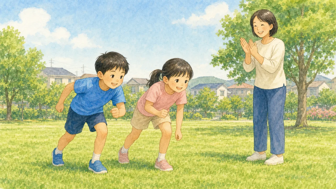 芝生の広場で並んで構えた2人の子に、保護者が手をたたいて合図している様子（イラスト）