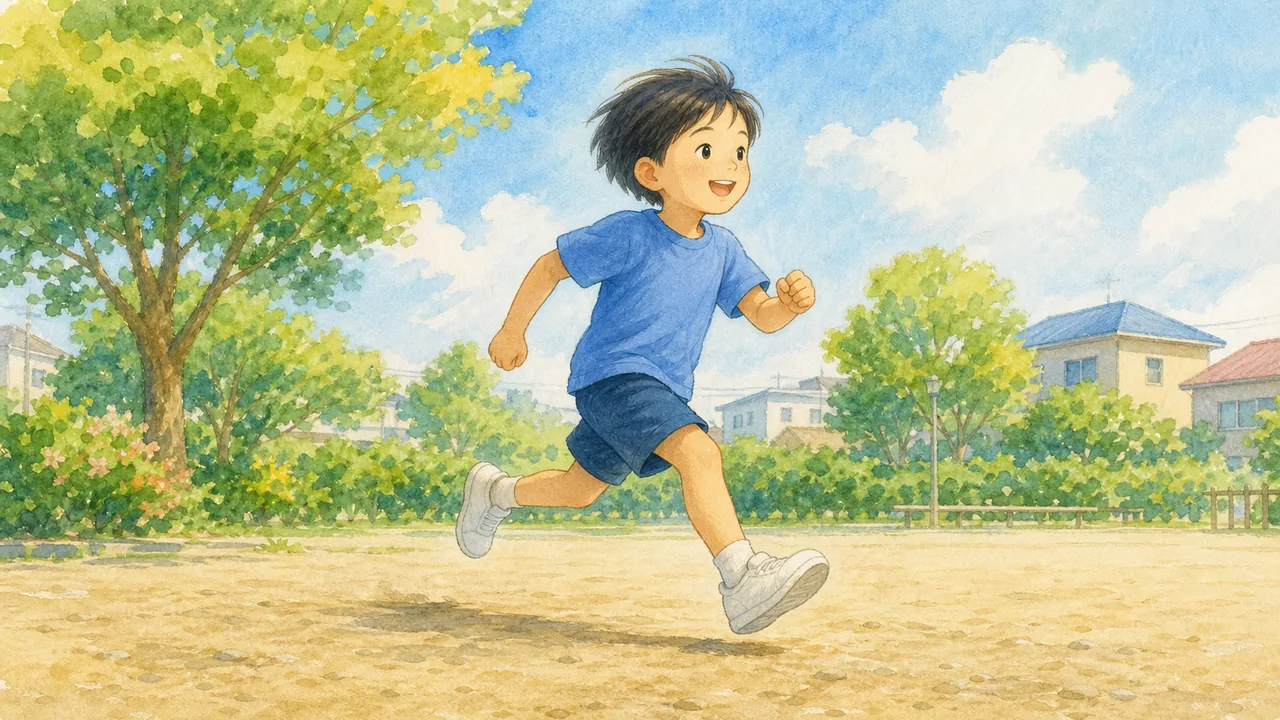 公園の地面を蹴って軽やかに弾むように走る子の様子（イラスト）