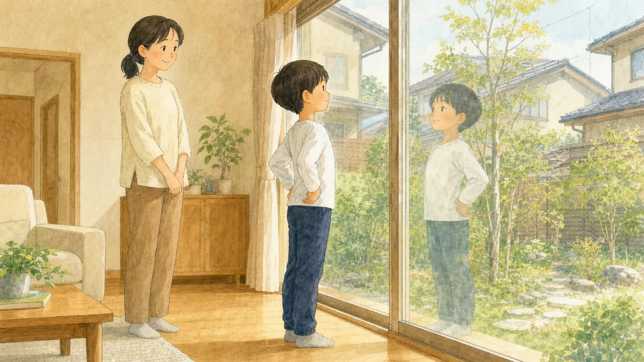 大きな窓に映る自分の立ち姿を見て、背すじを伸ばしている子の様子（イラスト）