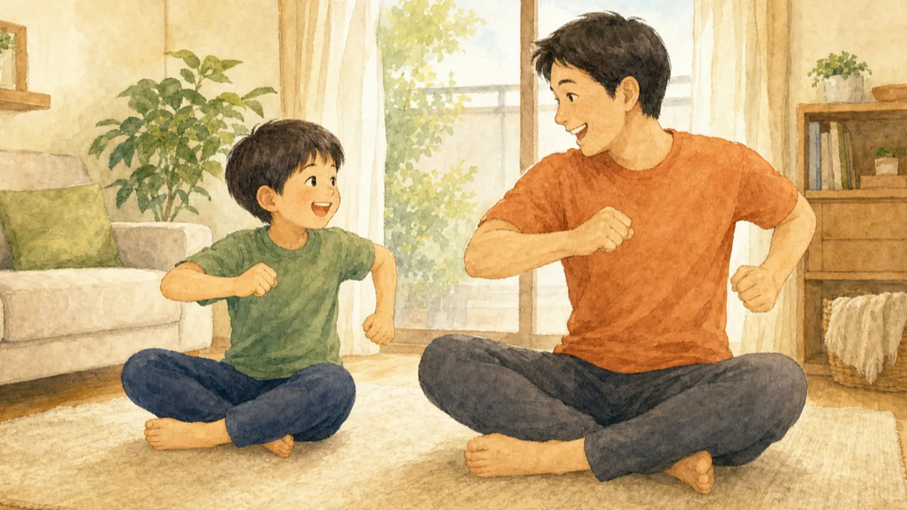 リビングで親子が座ったまま腕を振る練習をしている様子（イラスト）