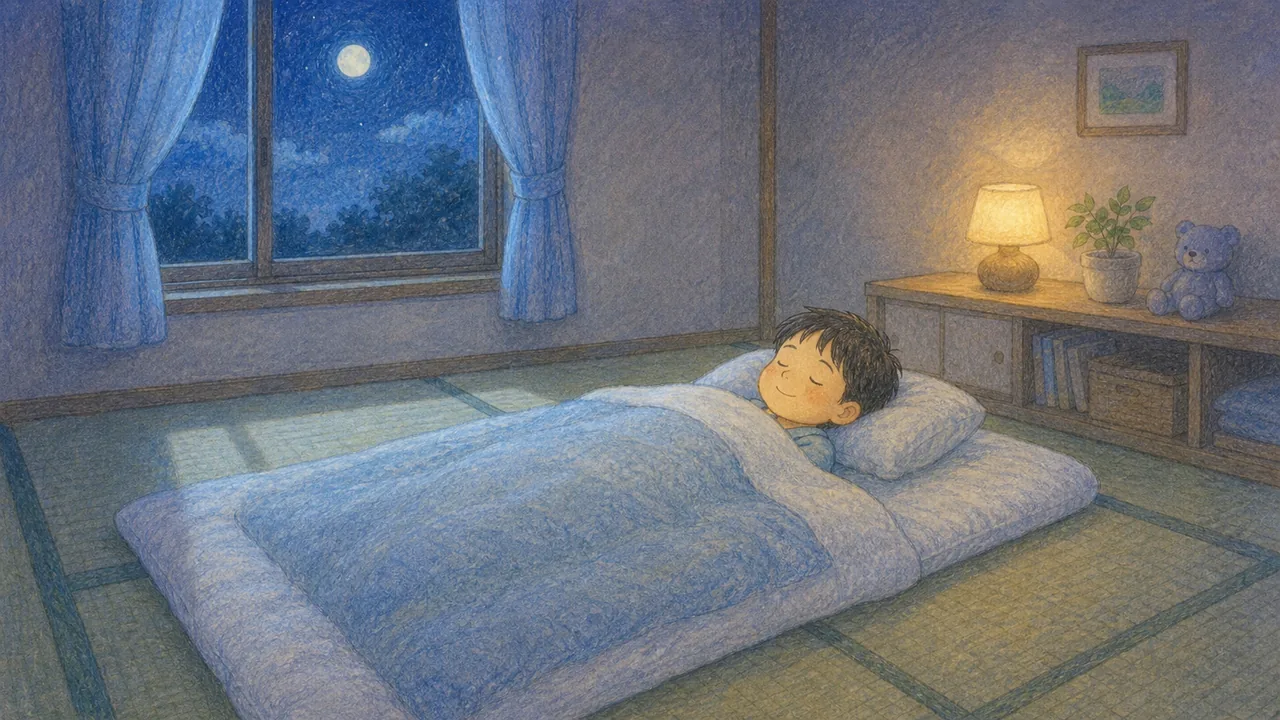 夜ぐっすり眠り、朝ごはんを食べて一日を始める子どもの様子（イラスト）