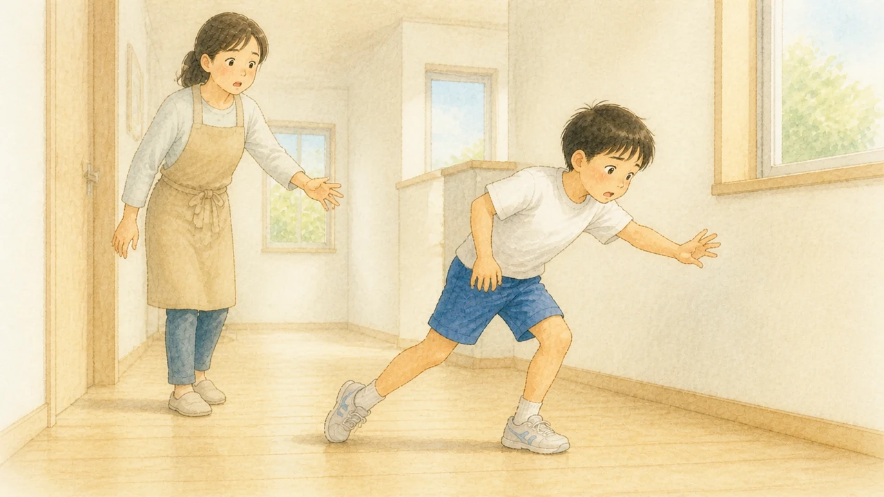 廊下の平らな床で、何もない所につまずいて前へよろけた小学生の男の子と、驚いて手を伸ばす母親の様子（イラスト）