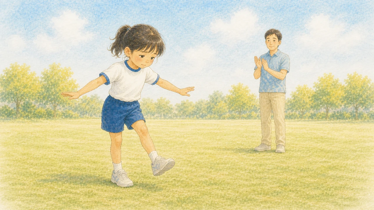 公園の広場で、ケンケンから片足でピタッと止まった小学生の女の子と、手拍子をしている父親の様子（イラスト）