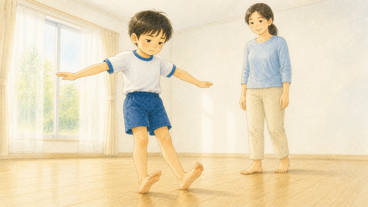 リビングで、裸足の小学生の男の子がつま先を浮かせてかかとだけで歩き、母親が横で見守っている様子（イラスト）