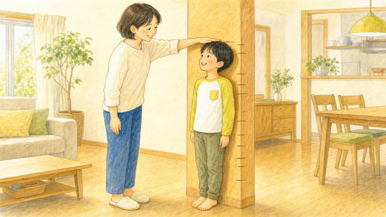 柱の前で背比べをして成長を喜ぶ親子の様子（イラスト）