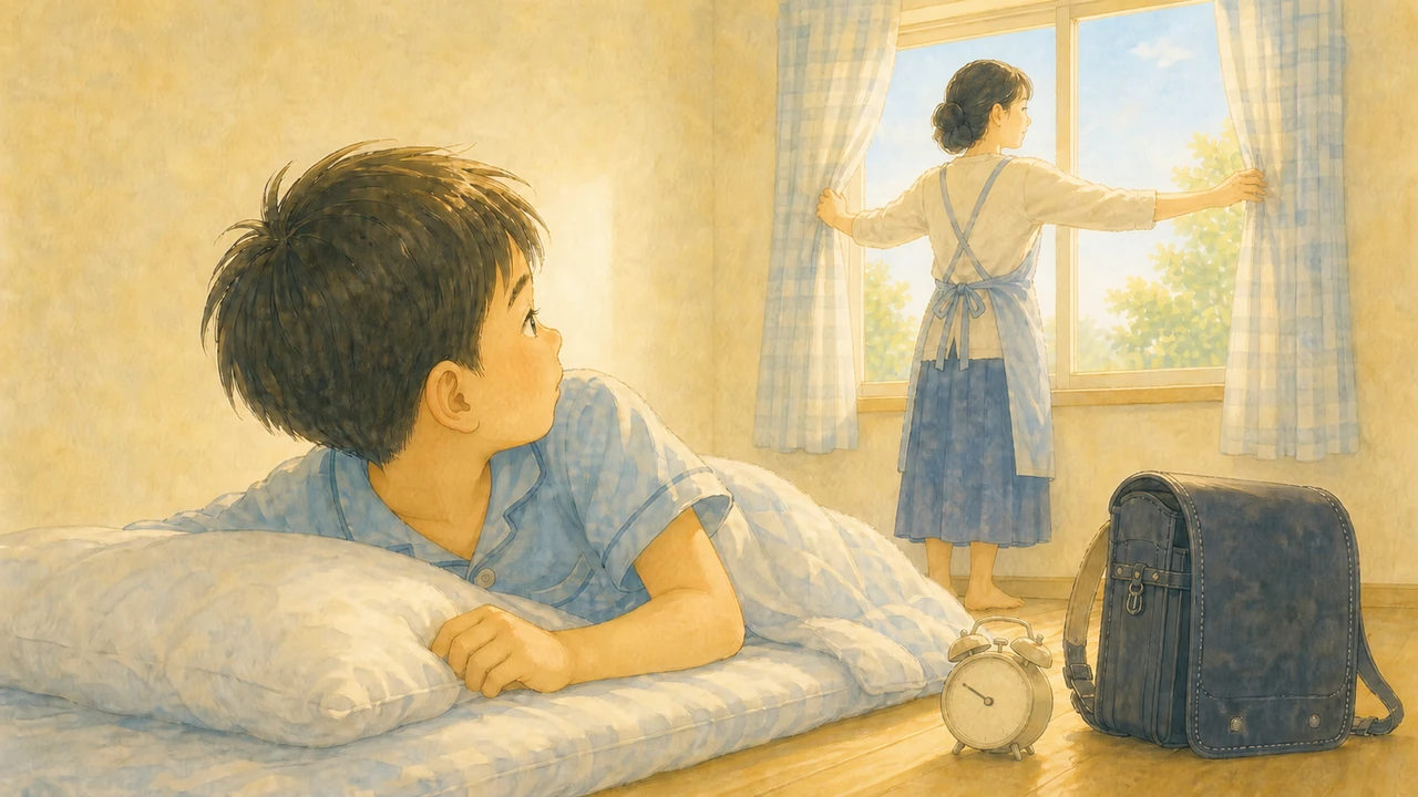 夏の朝の子ども部屋で、母親がカーテンを開けて光を入れ、小学生の男の子が布団の中で目を開けたところ。子どもの目線に近い低い位置から見た様子(イラスト)