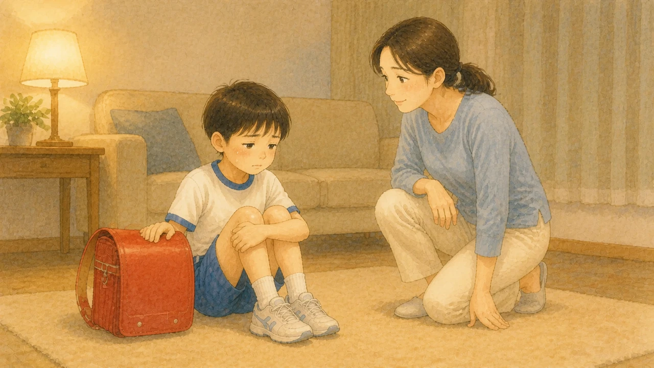 夜のリビングで、ランドセルの横に座って浮かない顔をしている小学生の男の子と、隣にしゃがんで話を聞いている母親。座った子どもの目の高さから見た様子(イラスト)