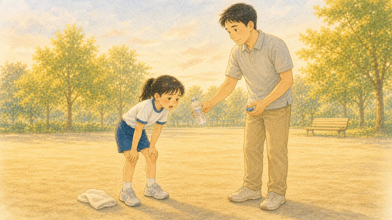 夕方の公園で、久しぶりに走った小学生の女の子が膝に手をついて息を切らし、そばで父親が水筒を差し出している様子。子どもの胸の高さから横向きに見た構図(イラスト)