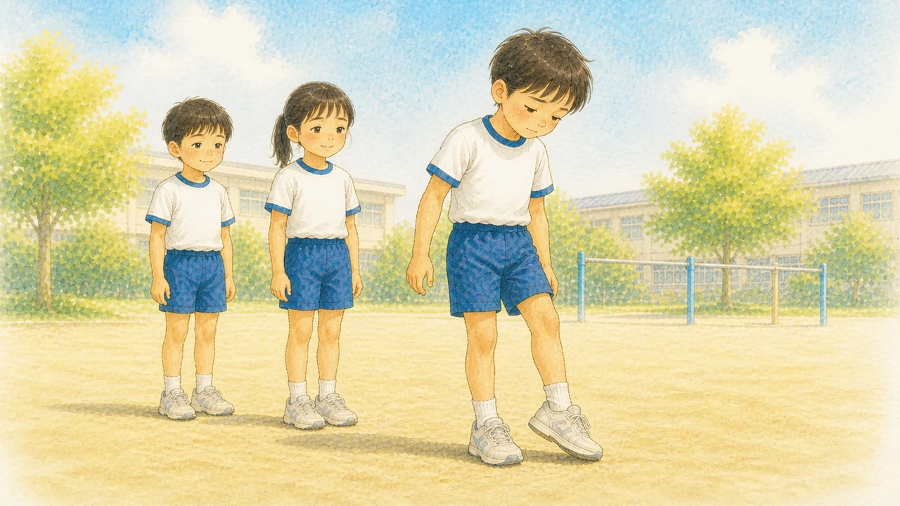 学校の校庭で、体育の授業の列に並んだ子どもたちの前で、一人の男の子が軽く足首を回している様子。子どもの目線の高さから見た構図(イラスト)