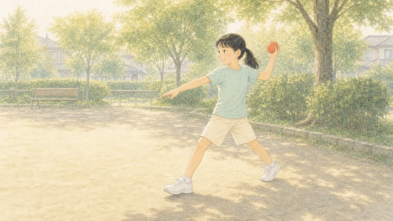右手にボールを持った子どもが、左足を前に大きく踏み出している様子（イラスト）