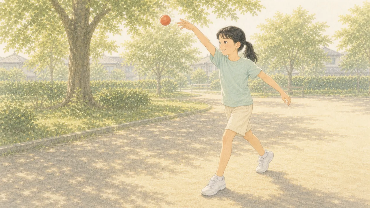 子どもが肘を肩より高く保ち、耳の横を通して上から投げている様子（イラスト）