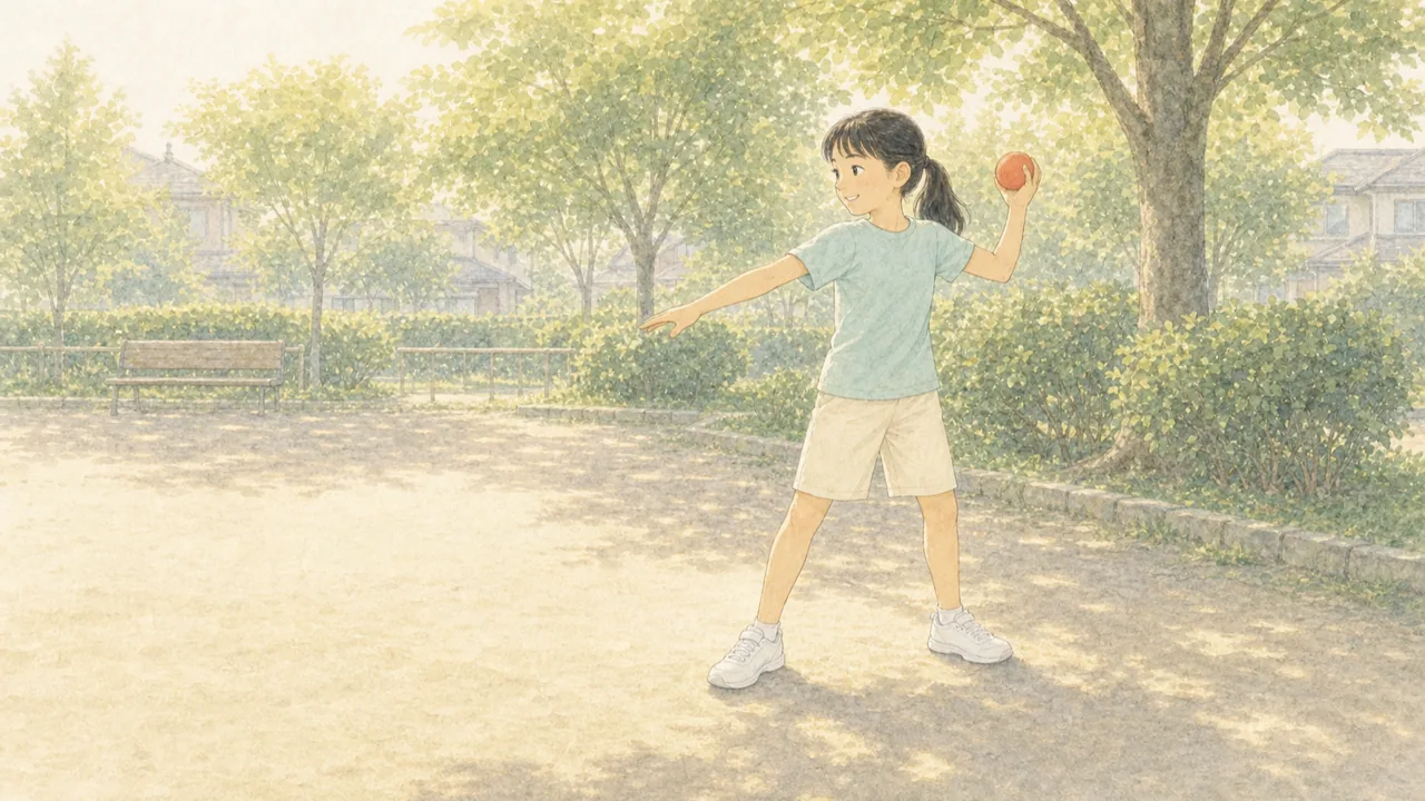 子どもが投げる前に、体を横向きにして左肩を目標のほうへ向けて構えている様子（イラスト）