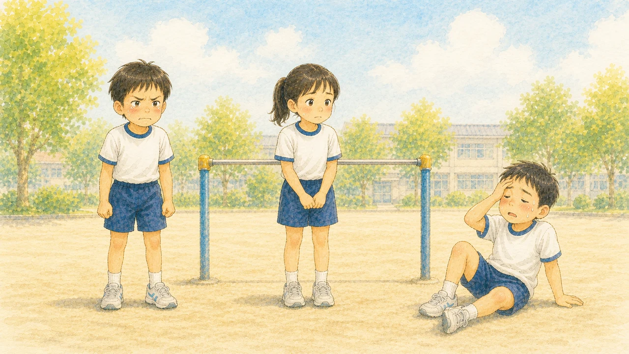 くやしそうに唇をかむ子、鉄棒の前で不安そうな子、暑さでぐったり座り込む子が横に並んでいる様子（イラスト）