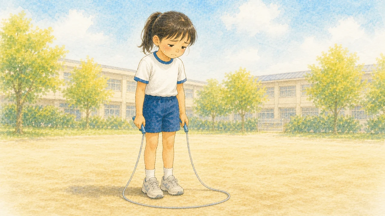 校庭で、なわとびを手に持ったまま下を向いて泣いている女の子（イラスト）