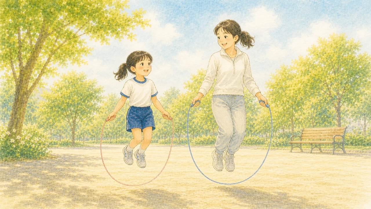 公園で、母親と子どもが笑顔で一緒になわとびを跳んでいる様子（イラスト）
