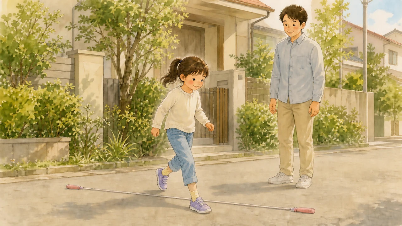 家の前の道で、床に置いたなわとびのロープを前後にまたいでいる女の子と、となりで見守る父親（イラスト）