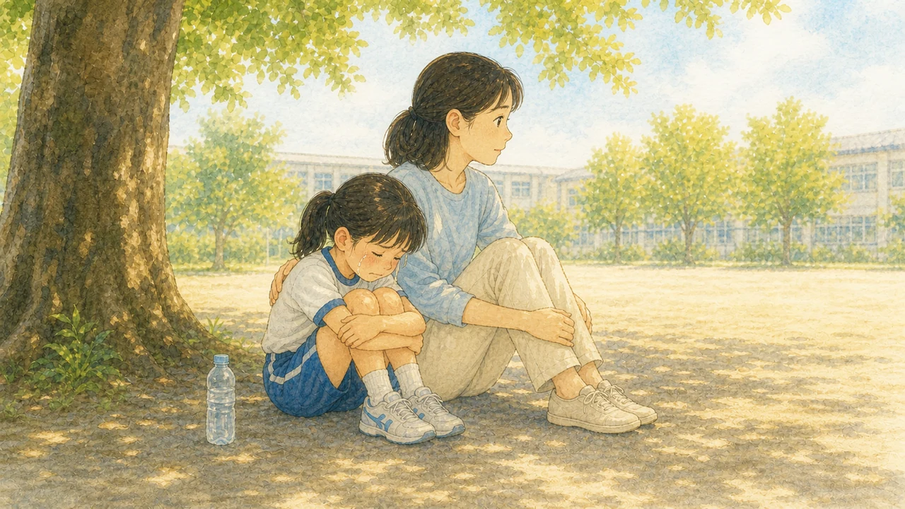校庭の木陰で、泣いている子のとなりに黙って座り、背中にそっと手を置く母親（イラスト）