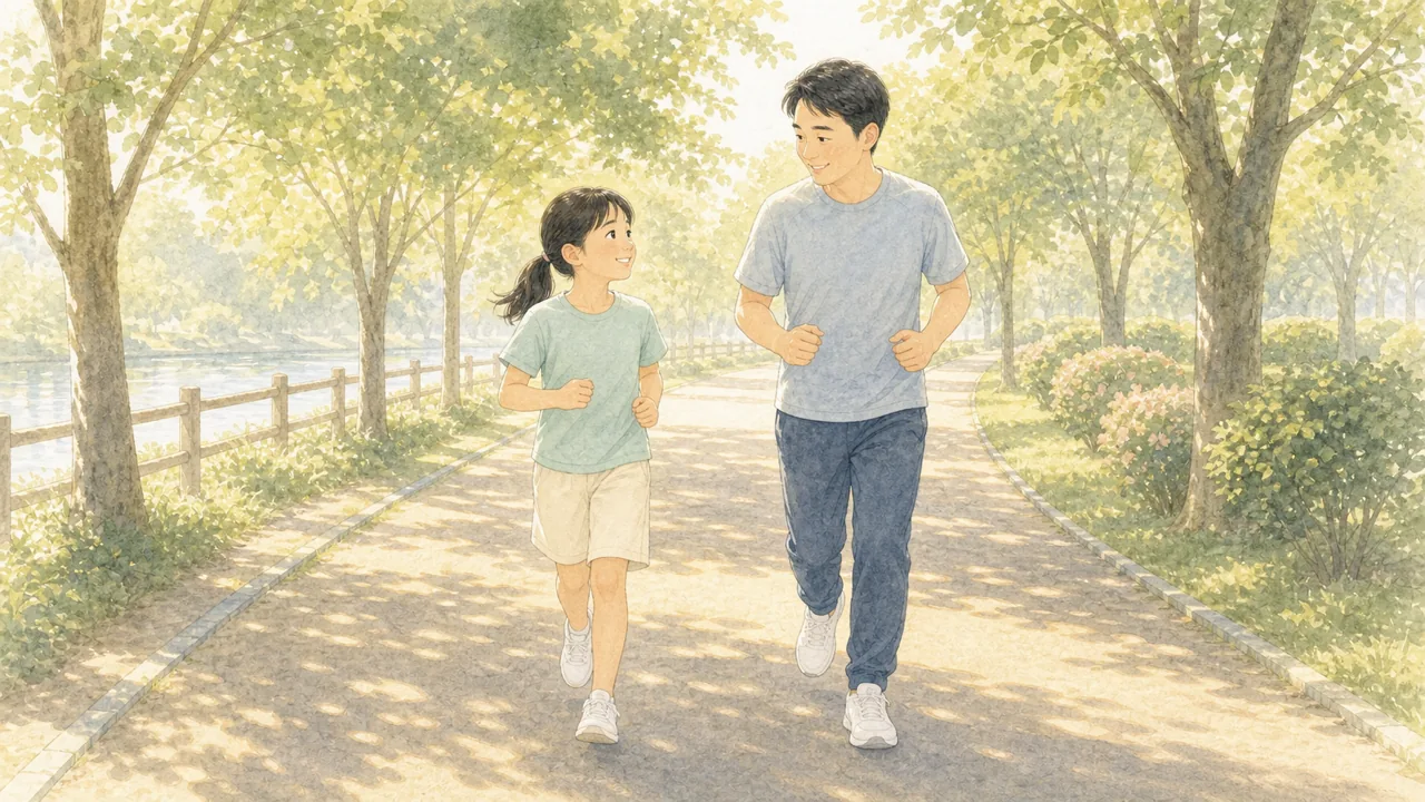 朝や夕方の涼しい時間に、親子で公園を走って練習している様子（イラスト）