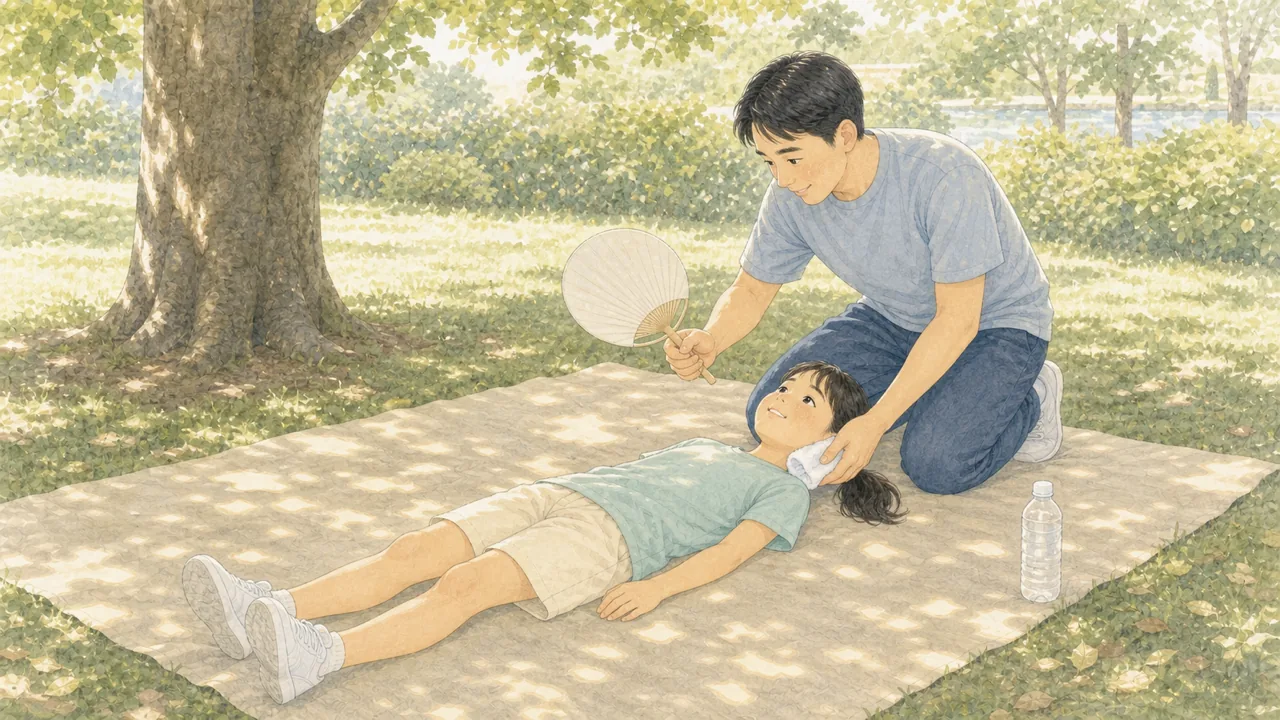日陰で子どもを寝かせ、体を冷やしながら介抱している親の様子（イラスト）