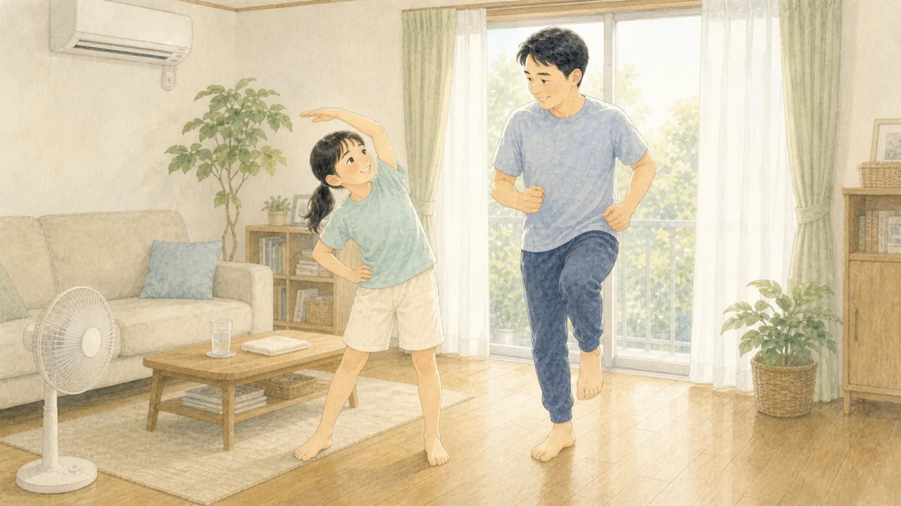 暑すぎる日に外の練習をやめて、室内で親子が体を動かしている様子（イラスト）