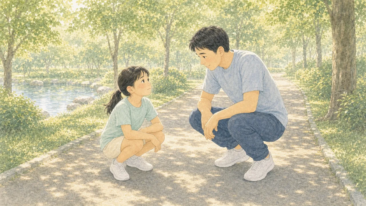 走っている子どもの様子がおかしいことに、親がしゃがんで気づいた様子（イラスト）