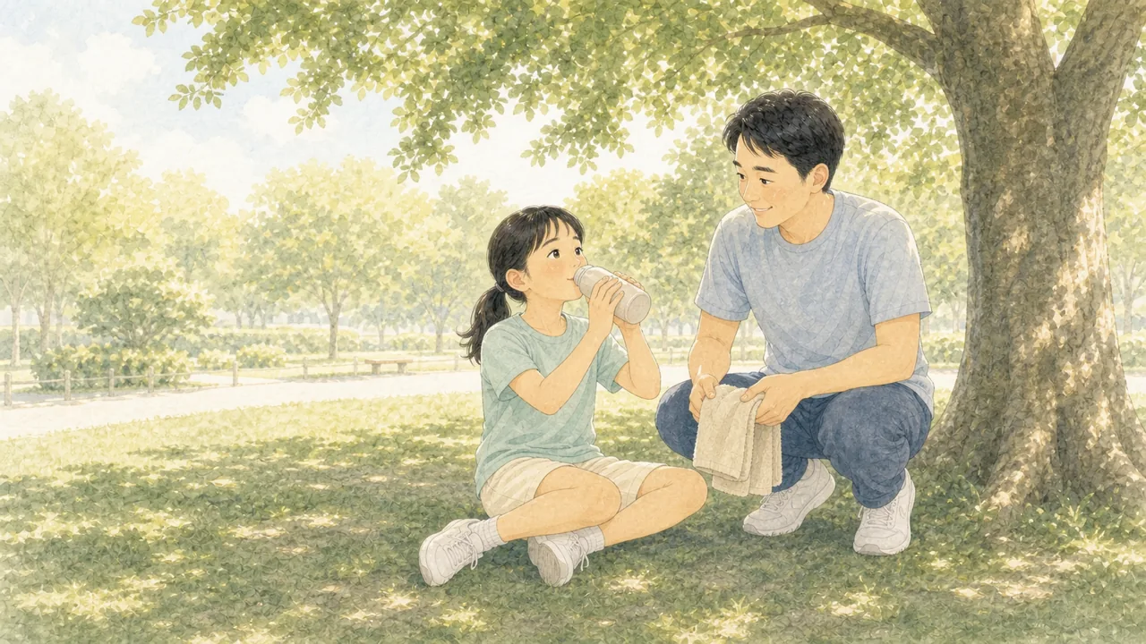 練習の合間に、日陰で水分をとって休んでいる親子の様子（イラスト）