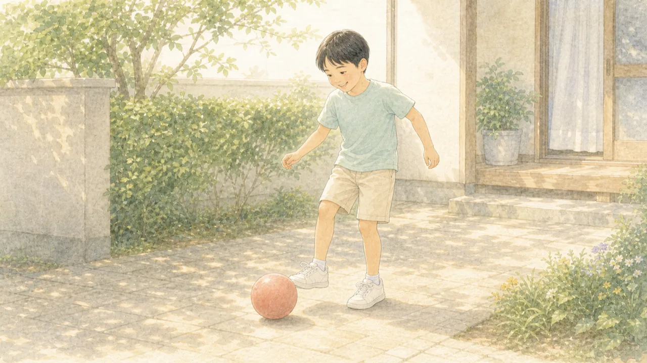 子どもが家の前で、遊びのようにボールで体を動かしている様子（イラスト）