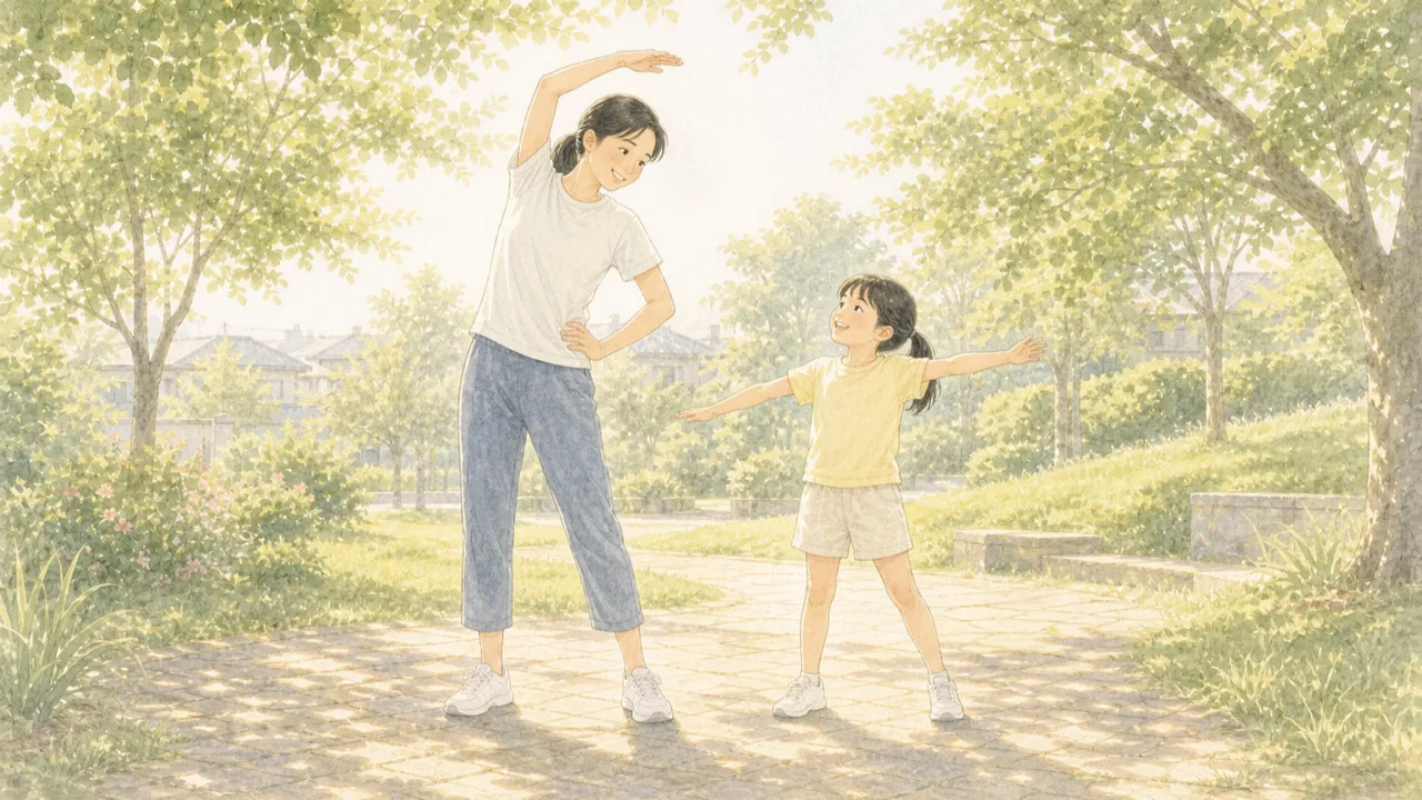 夏休みの朝、親子で公園でかるく体を動かしている様子（イラスト）
