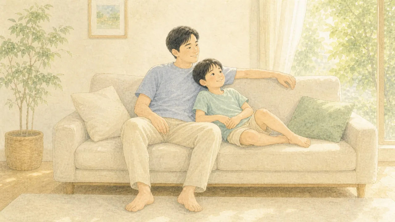 運動をお休みして、親子でソファでのんびりすごしている様子（イラスト）