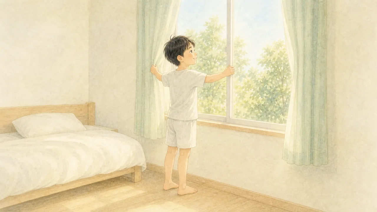 朝、決まった時間に起きてカーテンを開ける子どもの様子（イラスト）