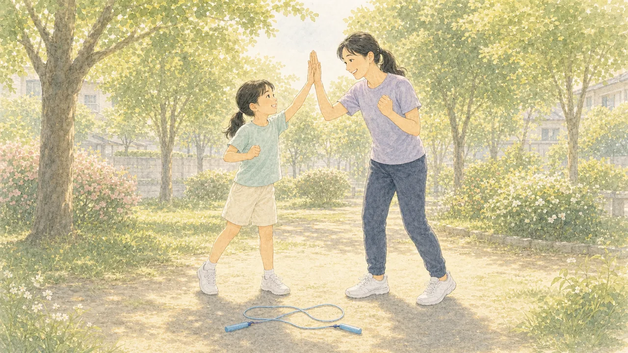 縄跳びが1回跳べて、親子でハイタッチして喜んでいる様子（イラスト）