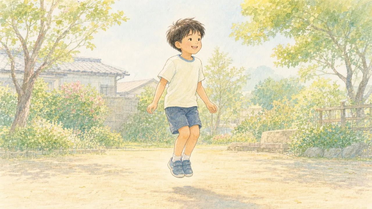 縄を持たずに、子どもがその場で軽く連続ジャンプをしている様子（イラスト）