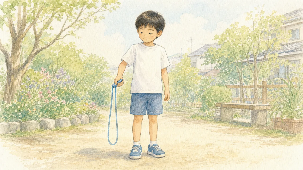 子どもが縄を二つ折りにして持ち、体の横で小さく回している様子（イラスト）