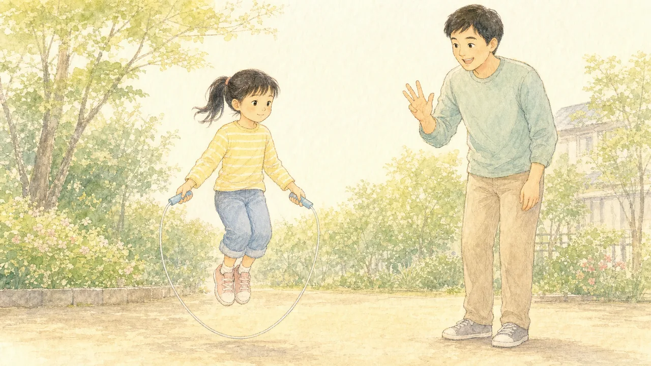 親が「今！」と声をかけ、子どもが縄を前に回して1回だけ跳んでいる様子（イラスト）
