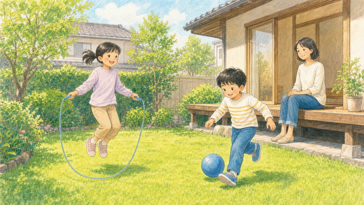 家の庭で縄跳びやボール遊びに取り組む子どもと見守る保護者の様子（イラスト）